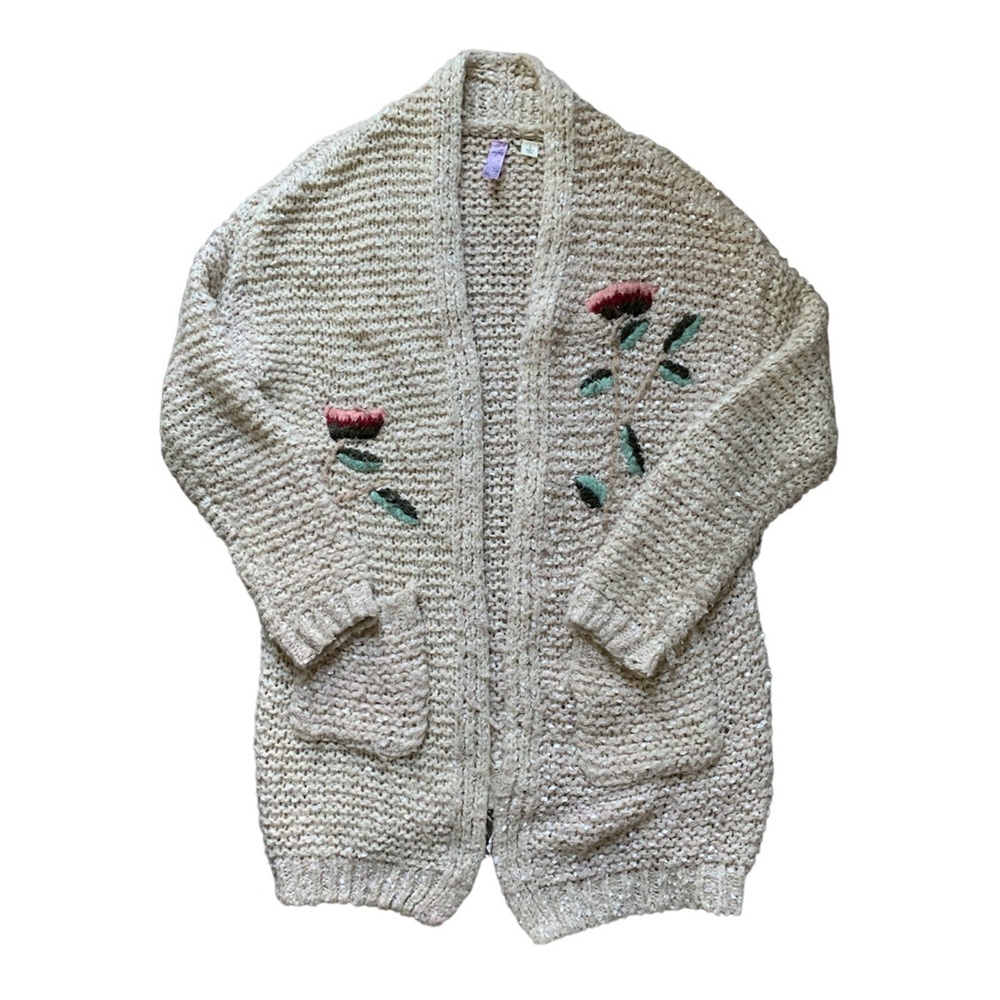 Alya Beige Open Front Knit Embroidered Cardigan S